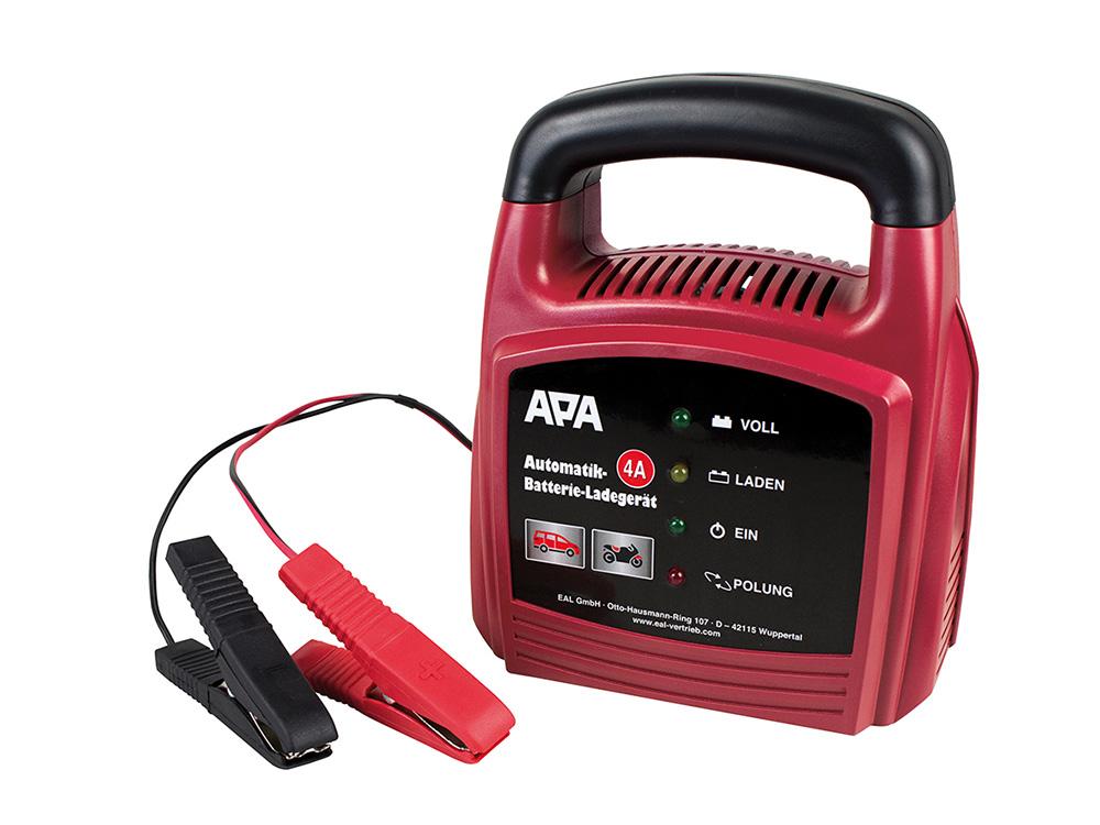 APA Batterie-Ladegerät mit Kabelaufroller (Ladestrom: 4 A, AGM -/Gel-/Nass-/Blei-Säure-Batterien 6/12 V)