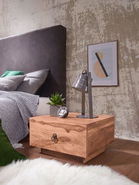 WOHNLING Nachttisch Massiv-Holz Akazie Design Nacht-Kommode 25 cm hoch mit Schublade Nachtschrank Na