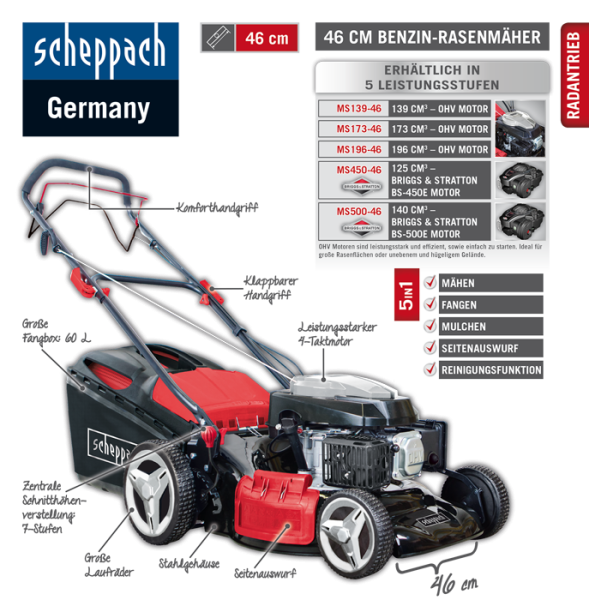 Scheppach Benzin-Rasenmäher mit Radantrieb MS173-46