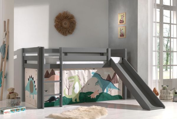 Halbhohes Bett PINO, mit Rutsche und Textilset "Dino", Ausf. Kiefer massiv grau lackiert