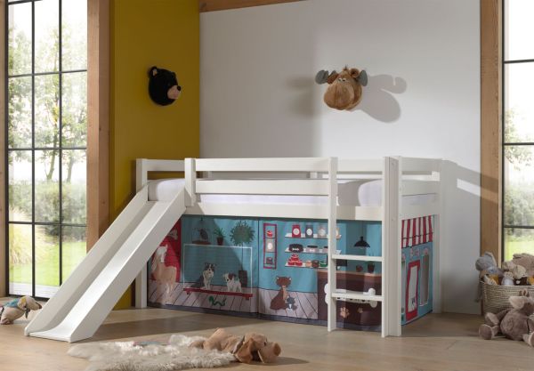 Halbhohes Bett PINO, mit Rutsche und Textilset "Pet Shop", Ausf. Kiefer massiv weiß lackiert