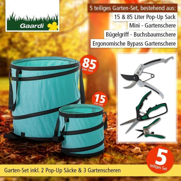 Garten - Aktionsset "Herbst", 5 tlg. 3 Gartenscheren + 2 Pop-Up Säcke türkis