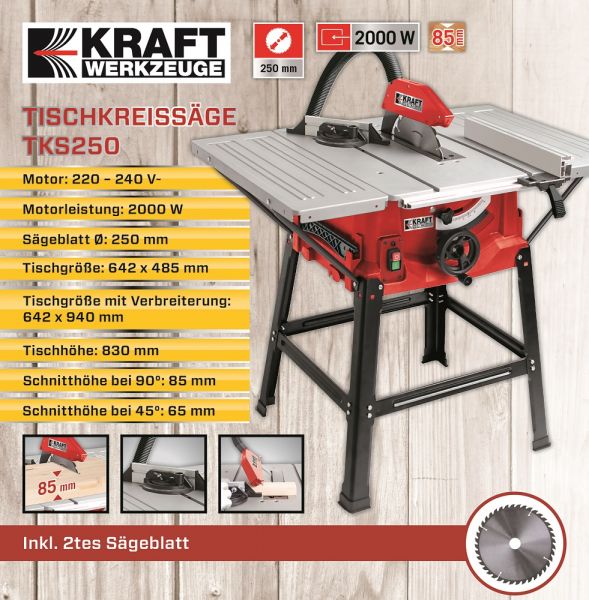 DETAIL Kraft Werkzeuge Tischkreissäge TKS250 inkl. 2. Sägeblatt