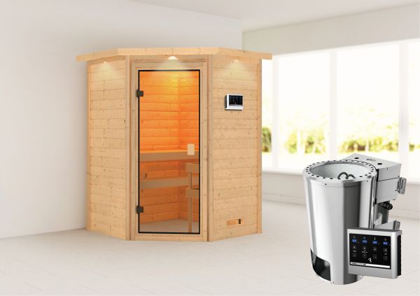 Karibu Sauna "Rysum" mit Kranz SET naturbelassen mit Ofen 3,6 kW Bio ext. Strg.