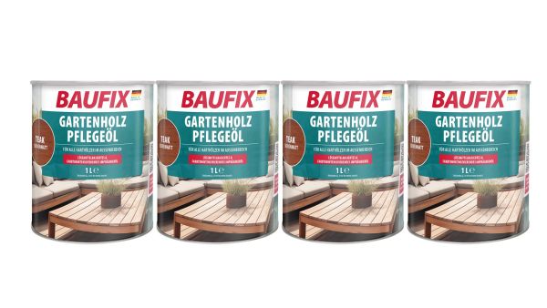 BAUFIX Gartenholz-Pflegeöl teak, seidenmatt, 1 Liter 4er-Set