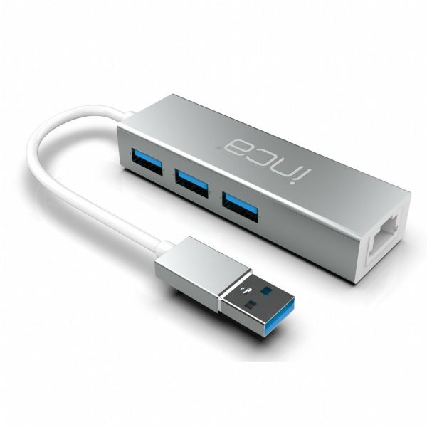 USB-Hub X4 USB 3.0 + Ethernet RJ45 USB-Multiport USB-Adapter Silber