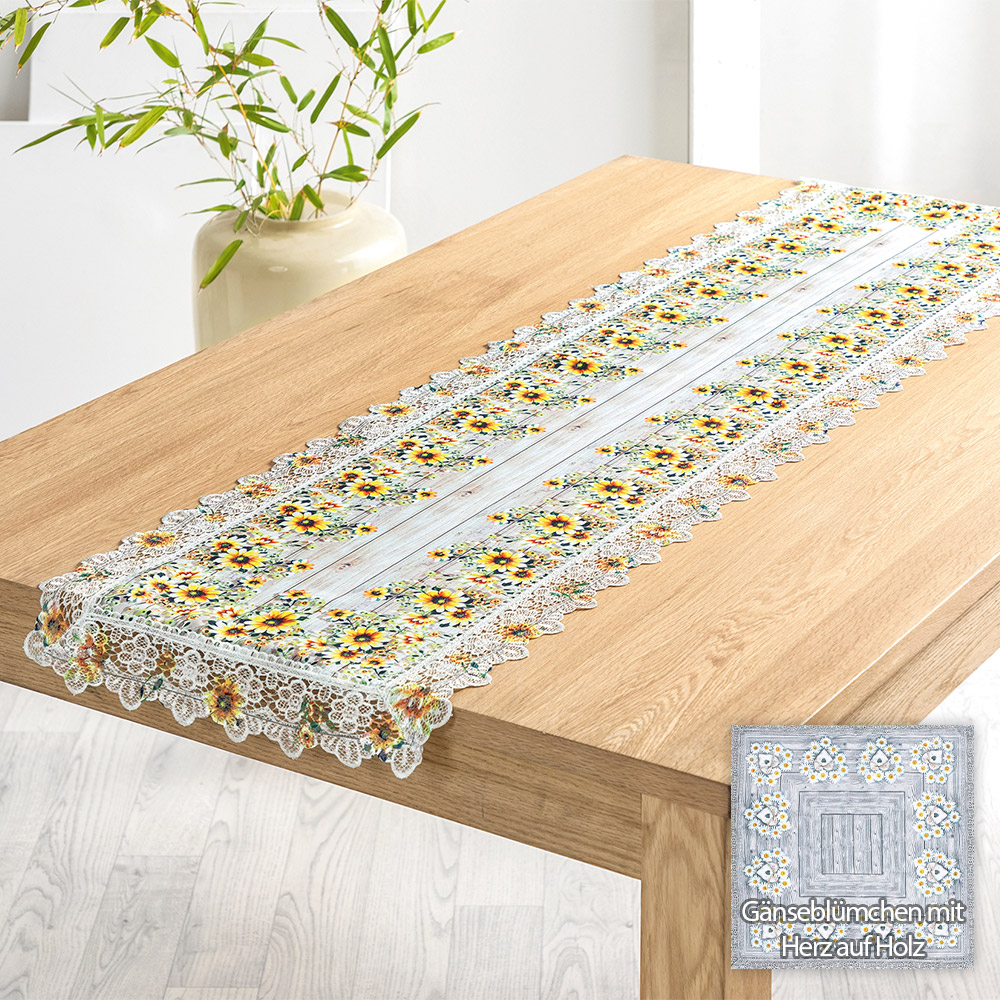 Bella Casa Tischläufer, ca. 40 x 150 cm - Gänseblümchen mit Herz auf Holz |  Norma24