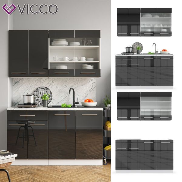 Vicco Küchenzeile Single Einbauküche 140 cm Küchen Hochglanz Fame-Line