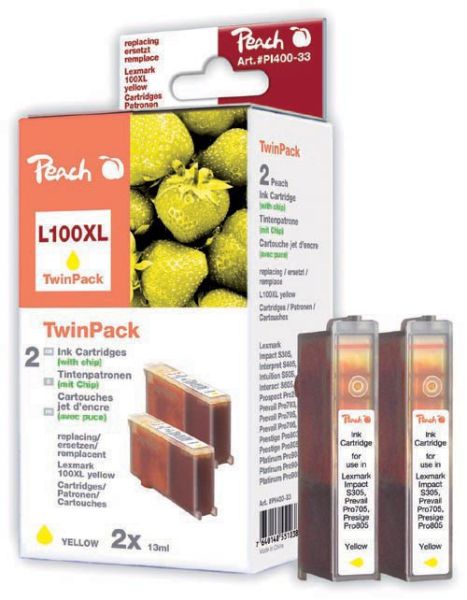 Peach Doppelpack 2 Tintenpatronen gelb mit Chip kompatibel zu Lexmark No. 100XL, 14N1095