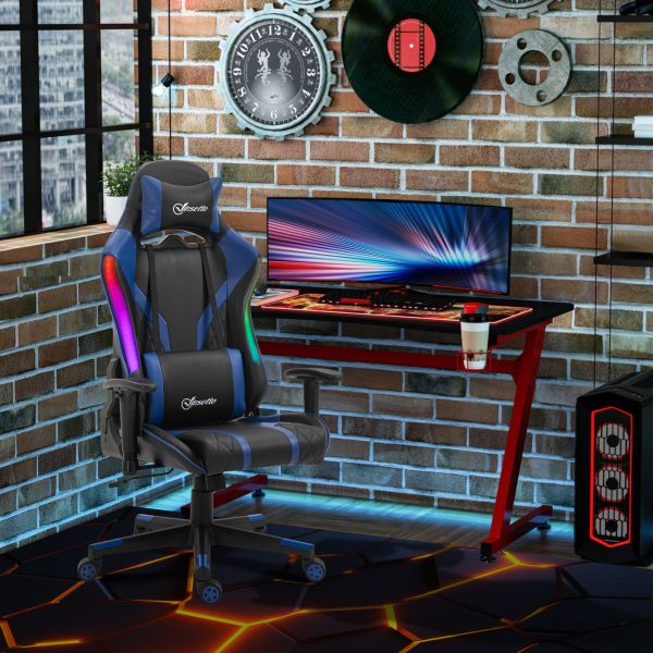Vinsetto Bürostuhl LED Gaming Stuhl ergonomischer Drehstuhl mit Liegefunktion Handlauf anhebbar Scha