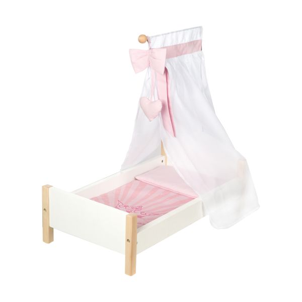 roba Puppenbett „Scarlett“, weiß lackiert, inkl. textiler Ausstattung, Bettwäsche und Himmel rosa