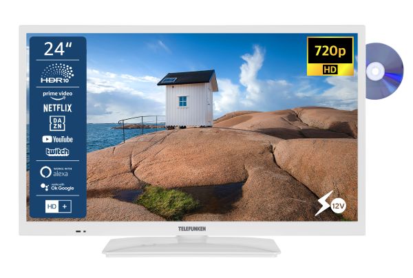 TELEFUNKEN XH24SN550MVD-W 24 Zoll Fernseher/Smart TV (HD Ready, 12 Volt, DVD-Player, weiß) - 6 Monat