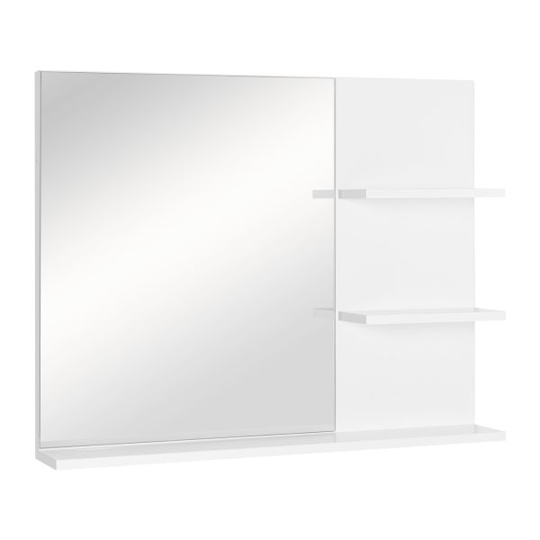 Badspiegel mit 3 Ablagen, Wandspiegel, Spiegelregal, Badezimmer, MDF, Weiß, 60 x 10 x 48 cm