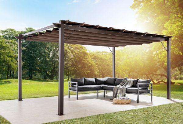 CHILLROI Outdoor Aluminium Pavillon/Pergola 12,25 m² mit verstellbarem Sonnensegel walnuss