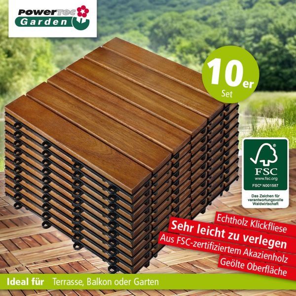 Powertec Garden Massivholz-Klickfliese 30x30 cm, 10er-Set