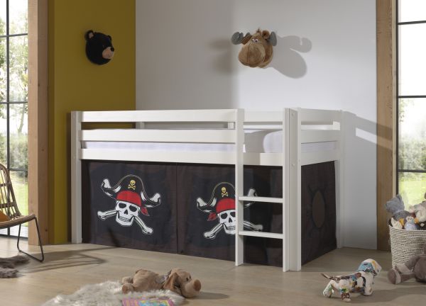 VIPACK - Halbhohes Bett PINO, mit Textilset "Caribian Pirate", Ausf. Kiefer massiv weiß lackiert