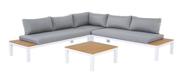 Aluminium Lounge Ambience, flexibel einsetzbar mit wasserabweisenden Kissen, Weiß/Grau, WPC-Streben