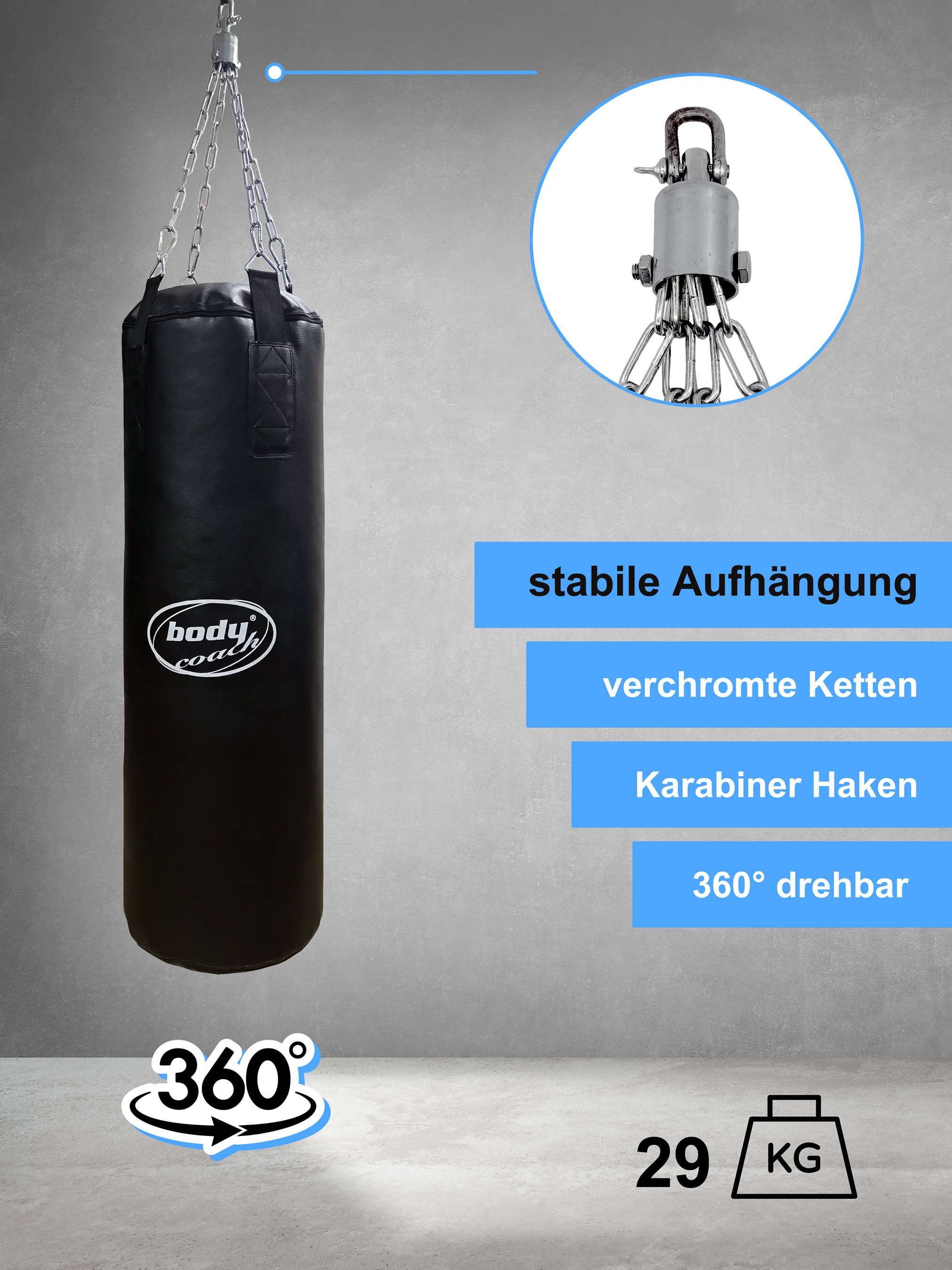 Body Coach Boxsack gefüllt 29 kg PVC-Leder schwarz 95cm lang hängend Sport  Fitness | Norma24 | Boxsäcke & Punchingbälle