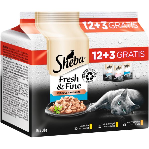 SHEBA® Portionsbeutel-Multipack "Fresh & Fine" in Sauce 12 x 50g + 3 x 50g