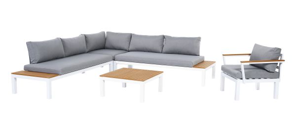 Aluminium Lounge Ambience, flexibel einsetzbar mit wasserabweisenden Kissen, Weiß/Grau, WPC-Streben