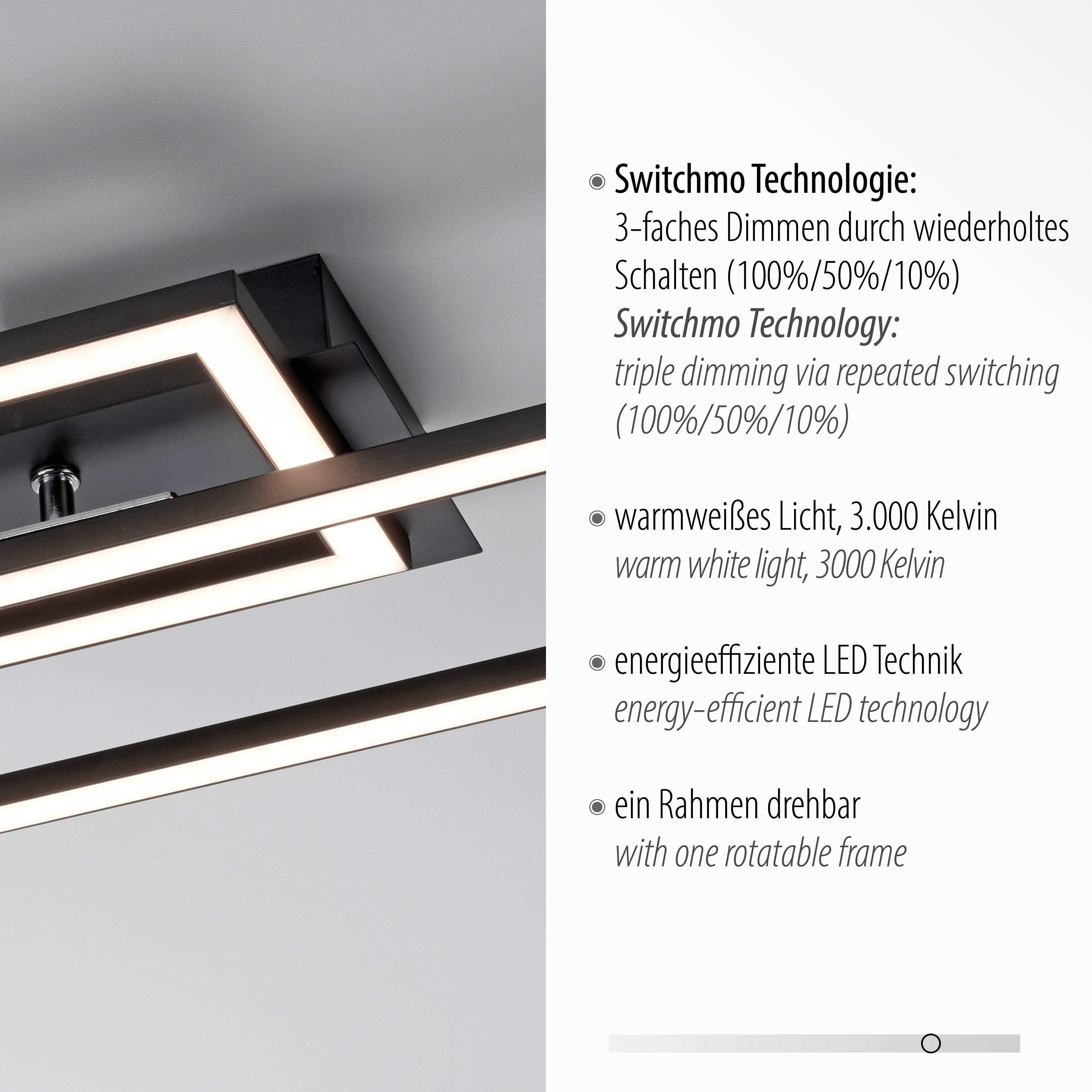 LeuchtenDirekt LED Deckenleuchte IVEN, 3-Stufen-Dimmer, Rahmen, schwarz, ein IP20 drehbarer | Norma24