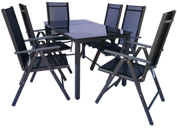 Alu-Gartenset 189 Schwarzglas Tisch + 6 Stühle