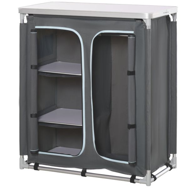 Outsunny Campingschrank Küchenbox tragbar mit Arbeitsplatte Tragetasche 3 Ablagen 1 Schrank Grau 96