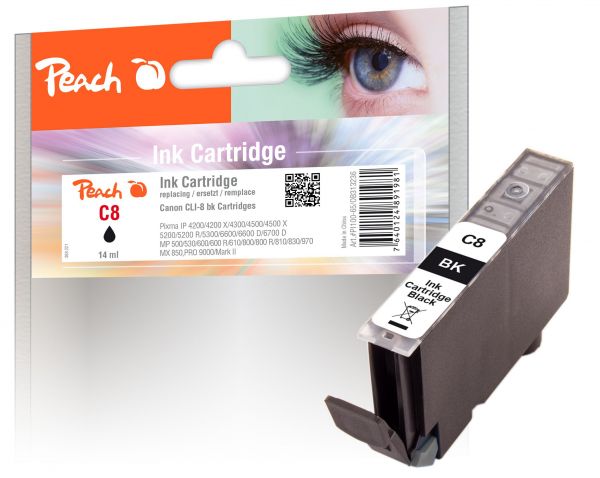 Peach Tintenpatrone foto schwarz mit Chip, kompatibel zu Canon CLI-8bk, 0620B001