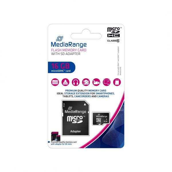MediaRange microSDHC™ Speicherkarte, Klasse 10, mit SD-Karten Adapter, 16GB