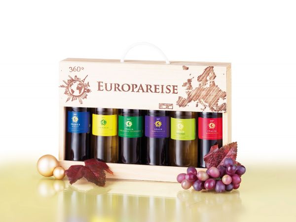 Europareise 6er Holzkiste Weine aus Europa 6 x 0,25l