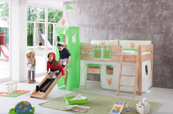 RELITA Spielbett KIM 90x200 cm, mit Rutsche,Turm Buche massiv natur lackiert Stoffset Beige/Grün