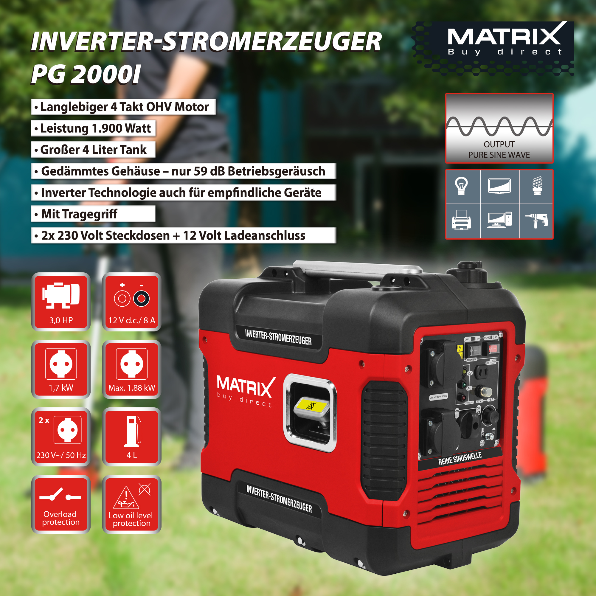 MATRIX Notstromaggregat Stromerzeuger Stromgenerator Inverter Benzin  PG2000i-2