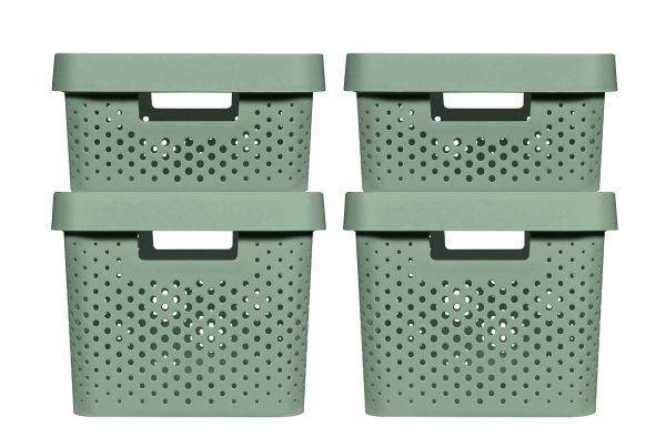 4 x INFINITY RECYCLING Boxen mit Lochmuster (11L + 17L) und Deckel kiefergrün