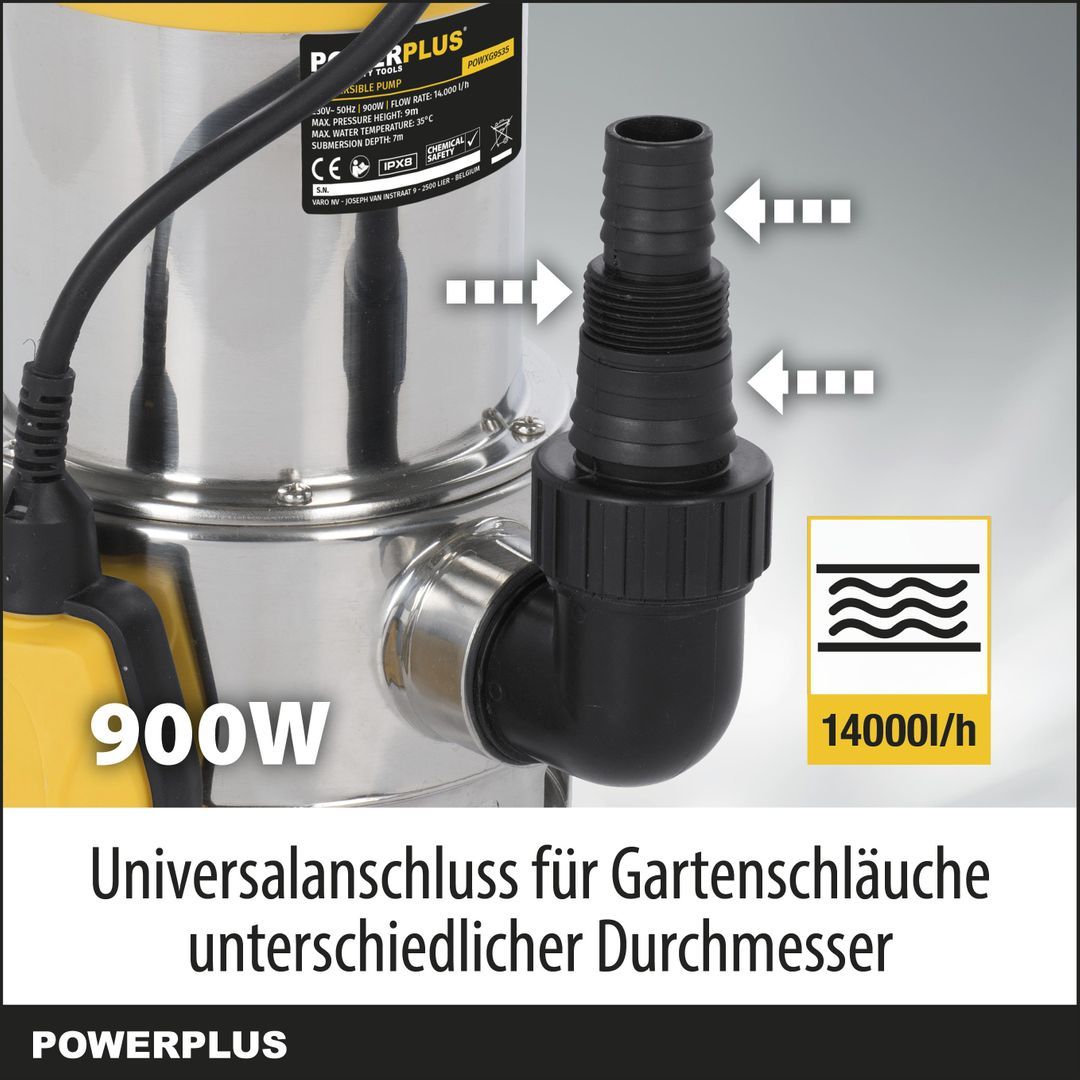 Powerplus Elektrische Wasserpumpe POWXG9535 - 900 W Tauchmotorpumpe,  Gartenpumpe, Saugpumpe, Tauchpumpe, Gartengeräte