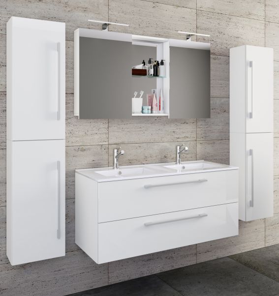 5-tlg. Waschplatz Budasi Spiegelschrank mit 2 Hochschränken Weiß