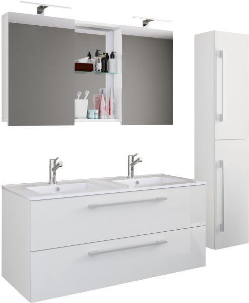 4-tlg. Waschplatz Budasi Spiegelschrank mit Hochschrank Weiß