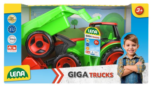 GIGA TRUCKS Traktor mit Frontlader & Anhänger, hellgrün/rot, Schaukarton