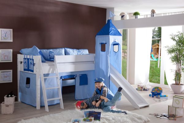 RELITA Spielbett KIM 90x200 cm, mit Rutsche und Turm Buche weiß lackiert Stoffset blau/delfin