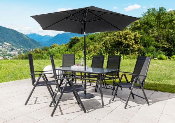 HC Garten & Freizeit Edelstahl-Sitzgarnitur 8 tlg. aus Aluminium mit Sonnenschirm schwarz