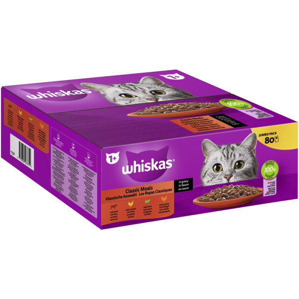 WHISKAS® Portionsbeutel Multipack Jumbo Pack 1+ Klassische Auswahl in Sauce 80 x 85g