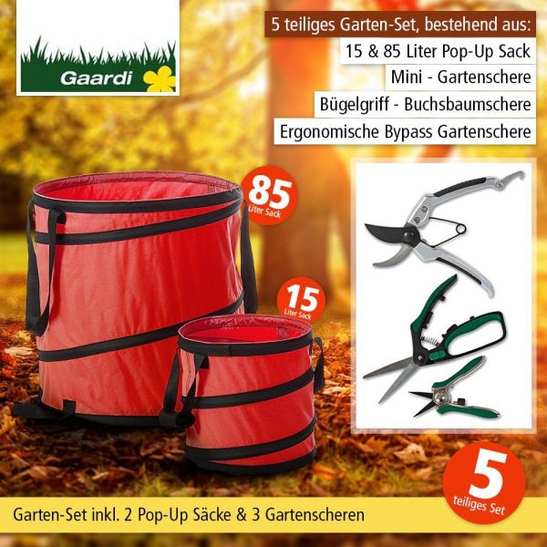 Garten - Aktionsset "Herbst", 5 tlg. 3 Gartenscheren + 2 Pop-Up Säcke rot