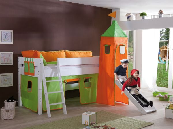 RELITA Spielbett KIM 90x200 cm, mit Rutsche,Turm Buche massiv weiß lackiert Stoffset grün/orange