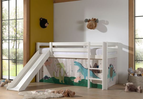 Halbhohes Bett PINO, mit Rutsche und Textilset "Dino", Ausf. Kiefer massiv weiß lackiert