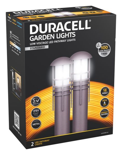 Duracell LED Niedervolt Gartenlampen 2er Set, schwarz silber mix