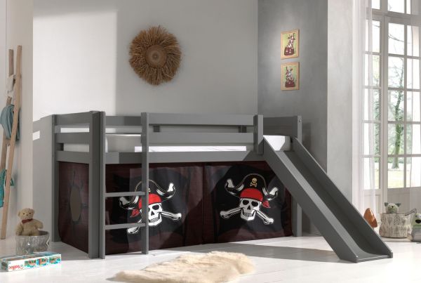 Halbhohes Bett PINO, mit Rutsche und Textilset "Caribian Pirate", Ausf. Kiefer massiv grau lackiert