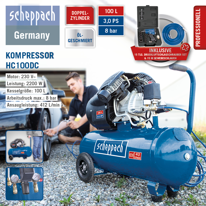 Scheppach Doppelzylinder-Kompressor HC100DC Set