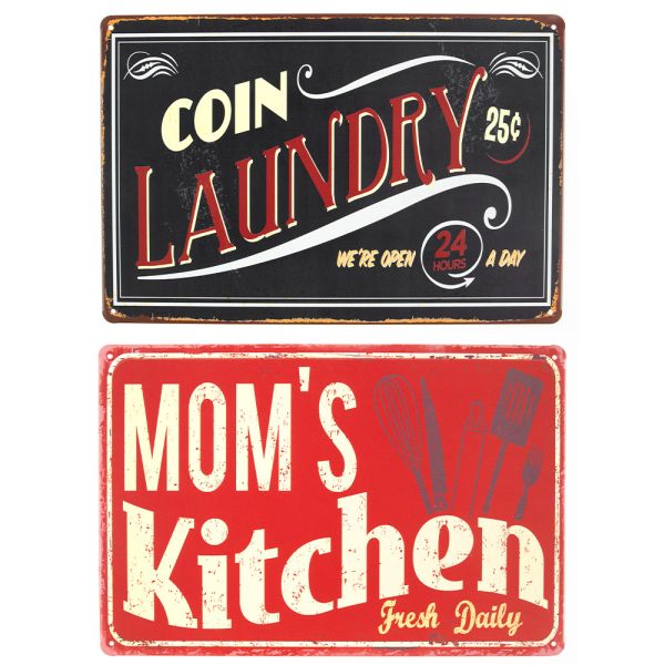 Bella Casa Retro-Metallschild, Coin Laundry/Mom's Kitchen - 2er-Set